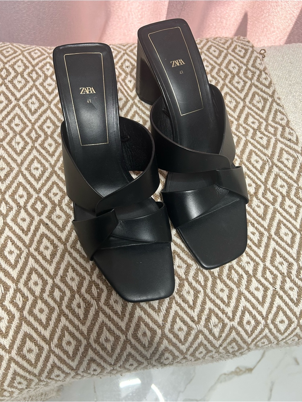Zara Black Strappy Square-Toe Block Heel Sandals